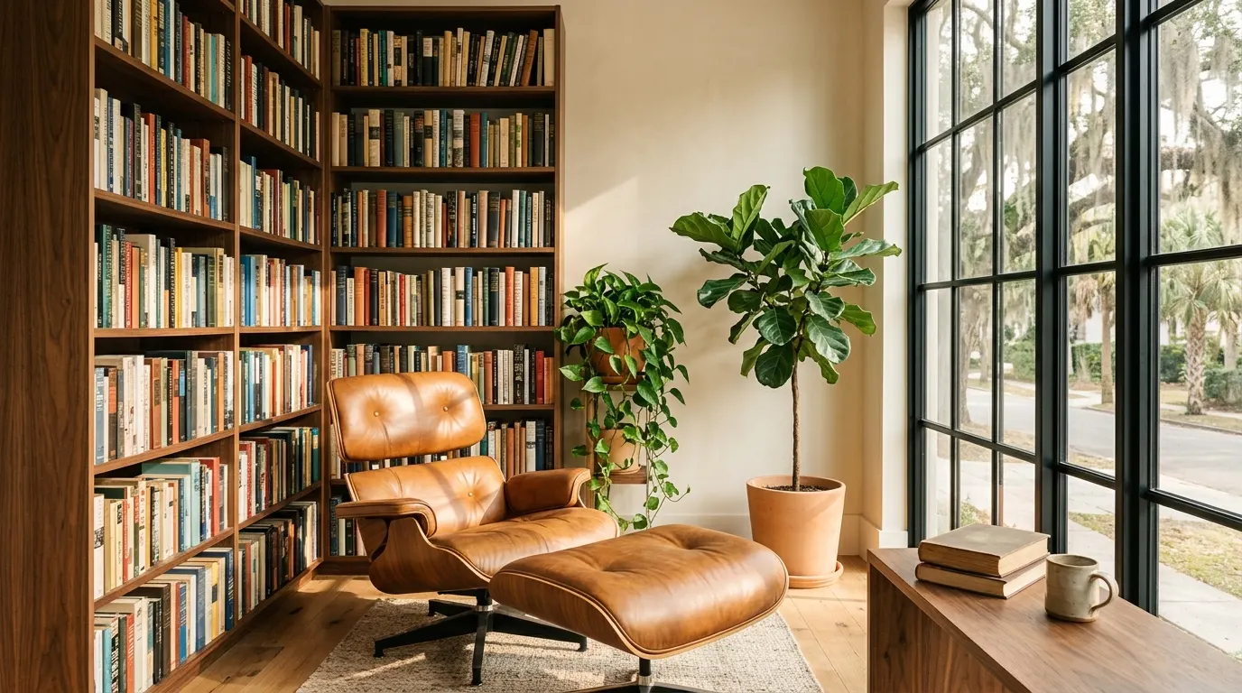Library corner with floor-to-ceiling bookshelves, leather lounge chair, and steel-framed windows looking onto a Savannah street